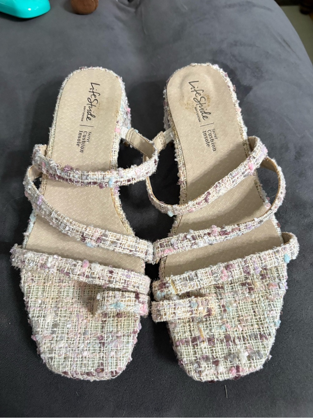 Life Stride Pastel Multicolor Tweed Strappy Slide Sandals